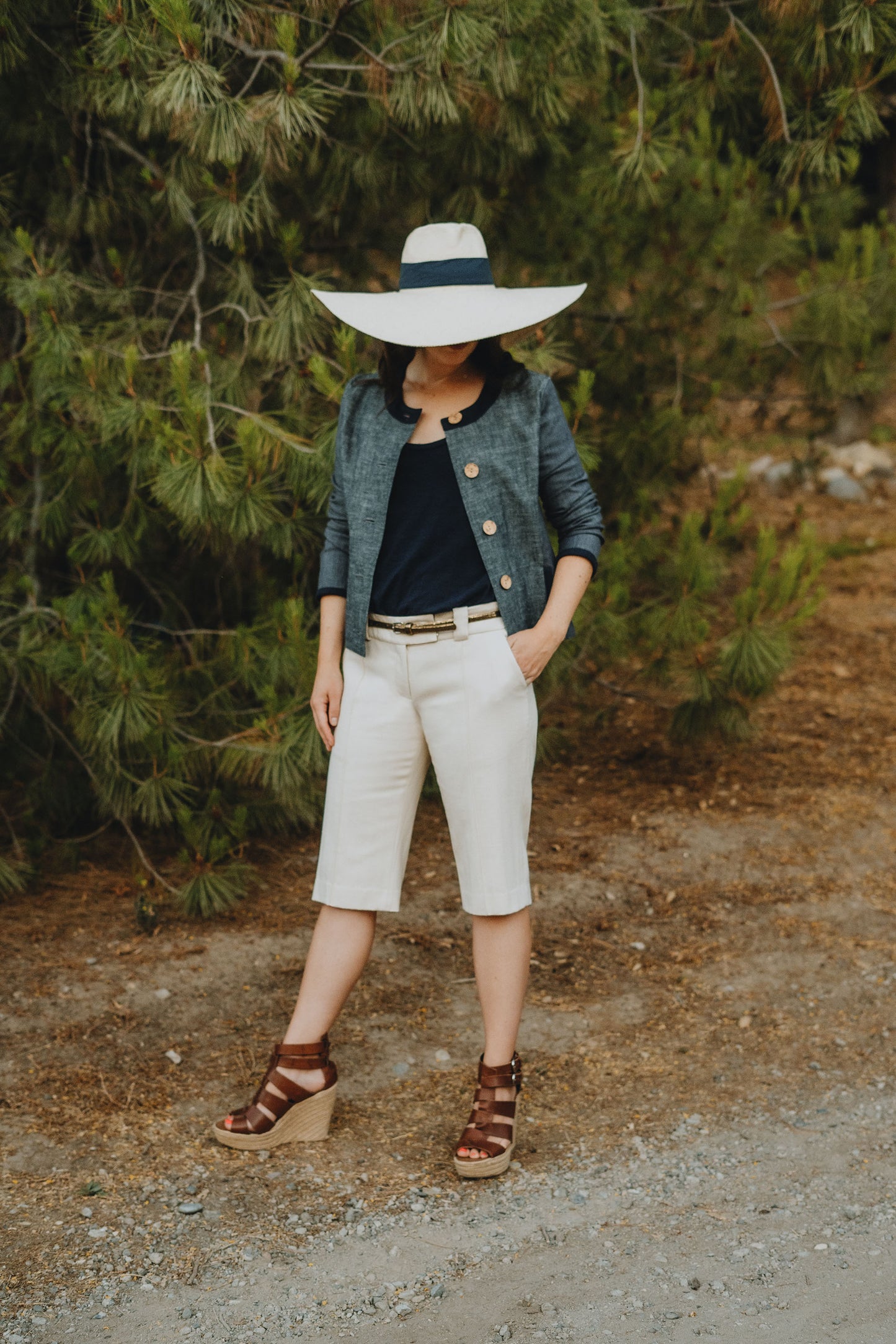 Pin-Tuck Cotton Herringbone Shorts
